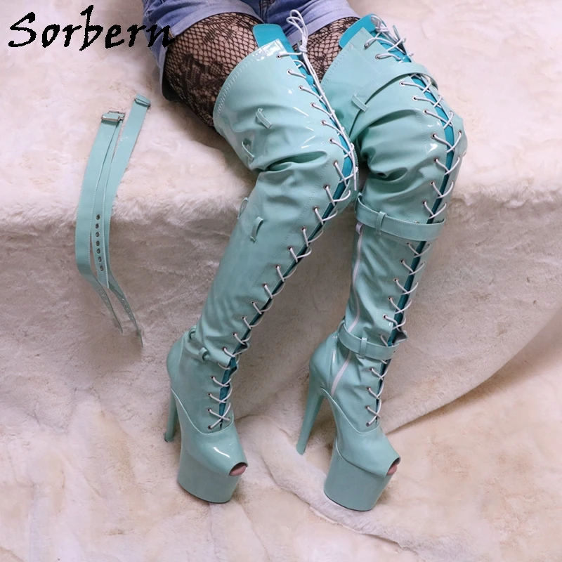 

Sorbern Mint Green Peep Toe Boots Women Over The Knee Mid Thigh High Fetish Pole Dance Stripper High Heel 20cm Removable Strap