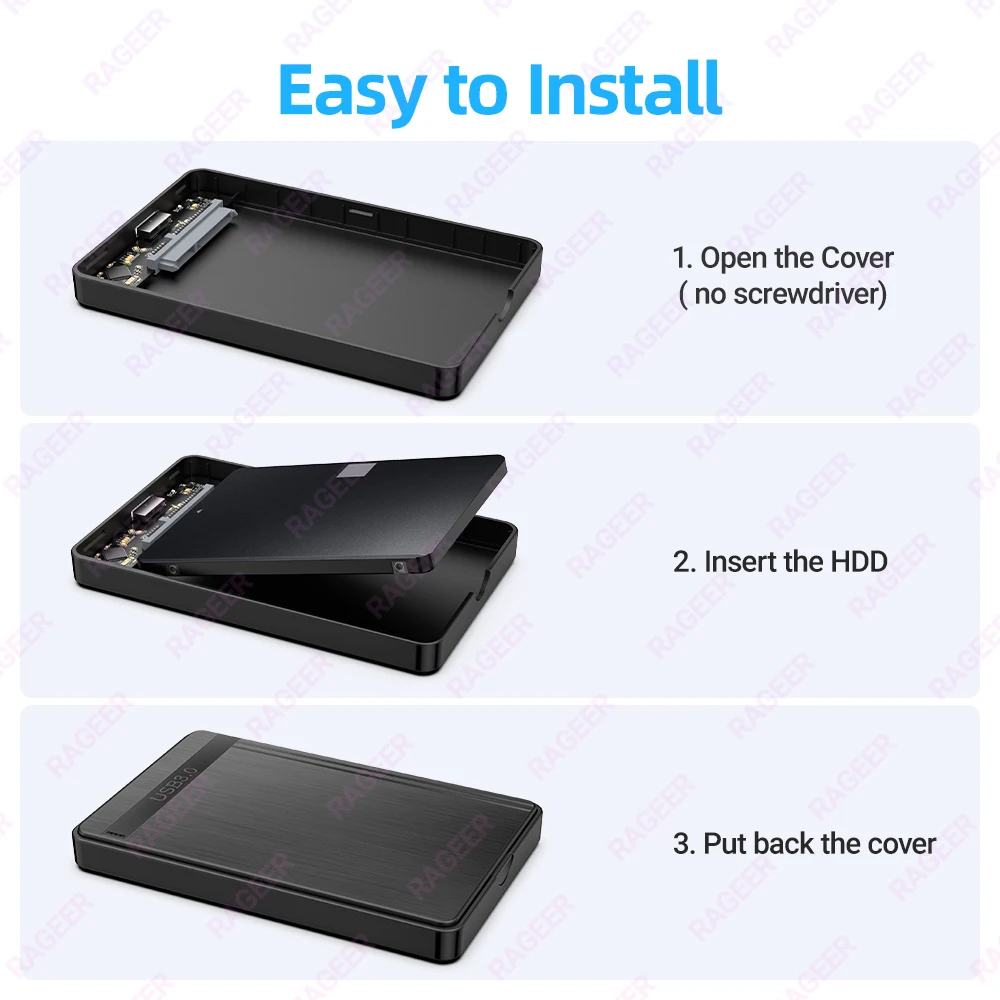 RAGEER SATA 외장 하드 디스크 케이스, USB 3.0-SATA 3.0, 2.5 인치 HDD 인클로저, 지지대 UASP, 7mm, 9.5mm 2.5 인치 HDD SSD, 5Gbps