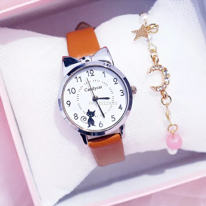 Cute Kids Children Watch Cartoon Cat Multi-color Quartz Clocks for Girls Clock WristWatch Rosette Watches Colorful Gift(No Box)