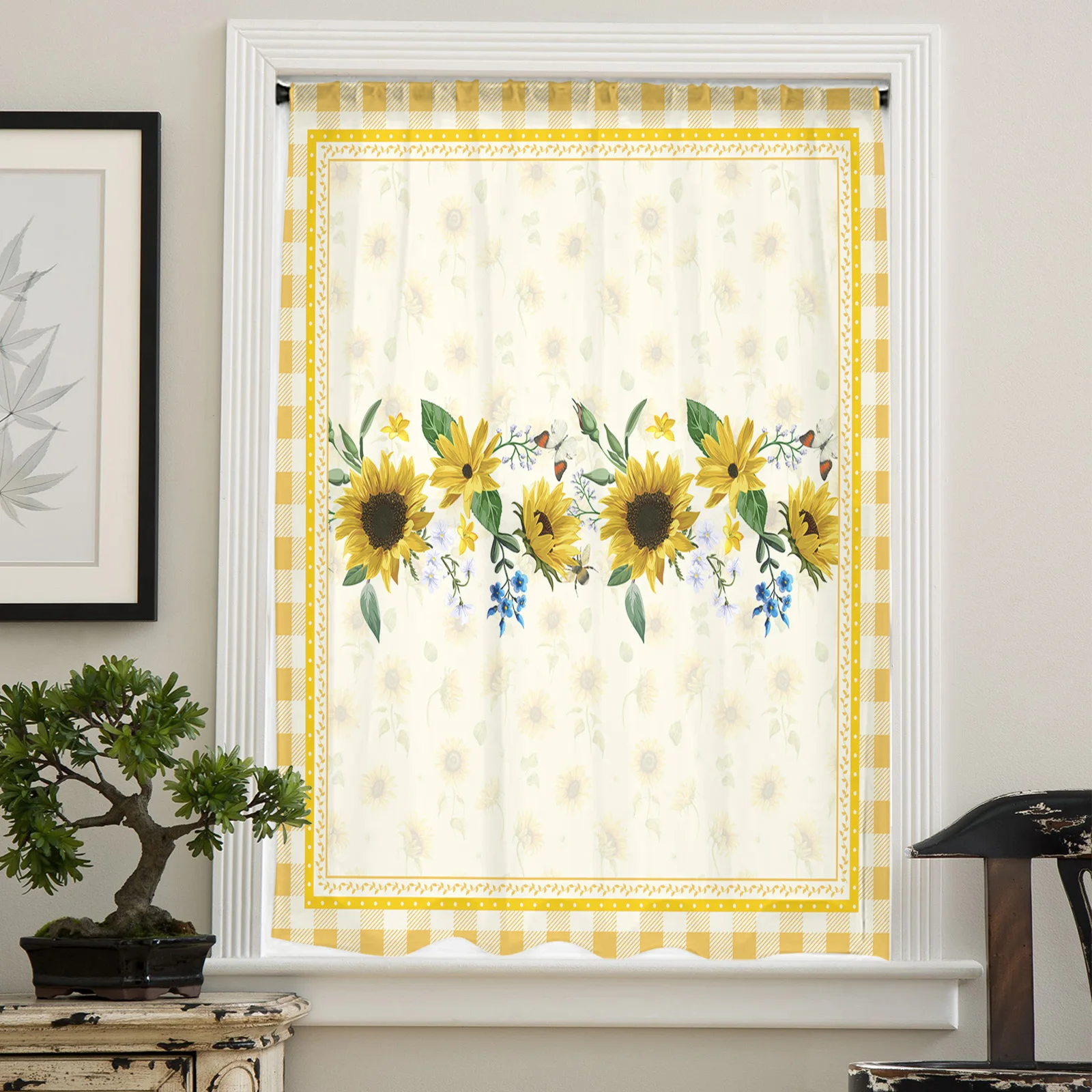 Cortinas de cocina, girasoles bordados con cuadros de cuadros