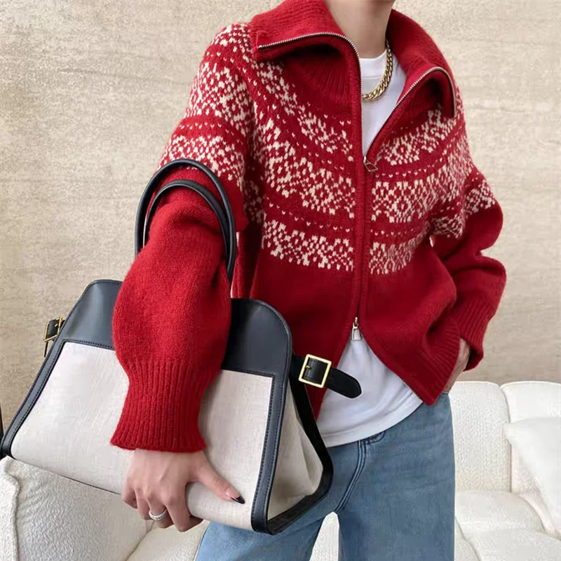 New Fashion Retro Women's Cardigan Knitted Sweater Long Sleeve Lapel Casual Women's Zipper Top Jacket