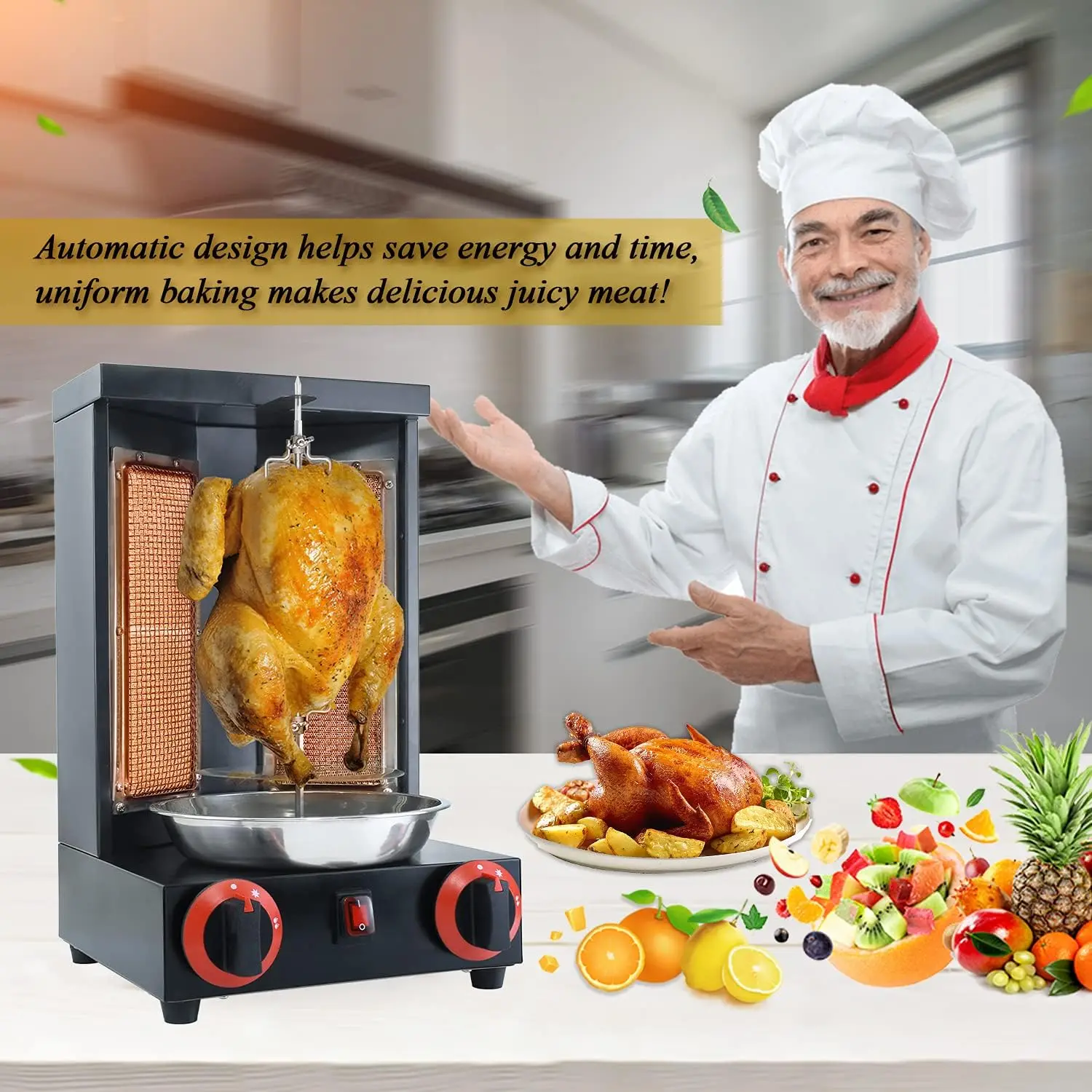 Shawarma Machine Countertop Rotisserie Grill Kebab Vertical Rotisserie Propane Turkish Chicken Doner Kebab Broiler wih 2 Burners 4