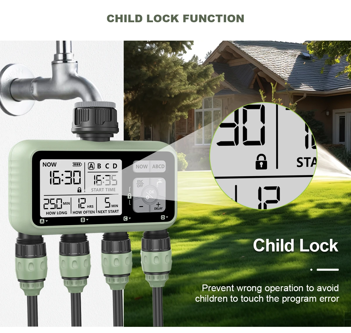 Adjustable Reswat 4-Outlet Water Timer providing water at multiple settings