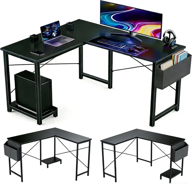 50 Inch L Shaped Reversible Corner Desk with CPU Stand & Storage Bag, Sturdy Metal Frame for Home Office Gaming
