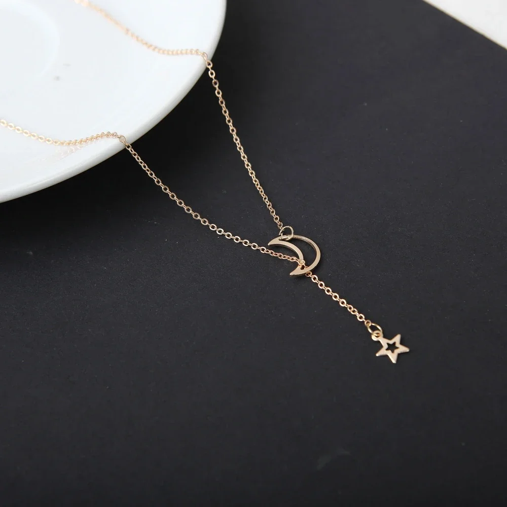 SUMENG 2024 Neue Einfache Mond Sterne Anhänger Halskette Einfache Gold Farbe Legierung Charme Kette Collares Colliers für Frauen Mode Schmuck – Detail 3
