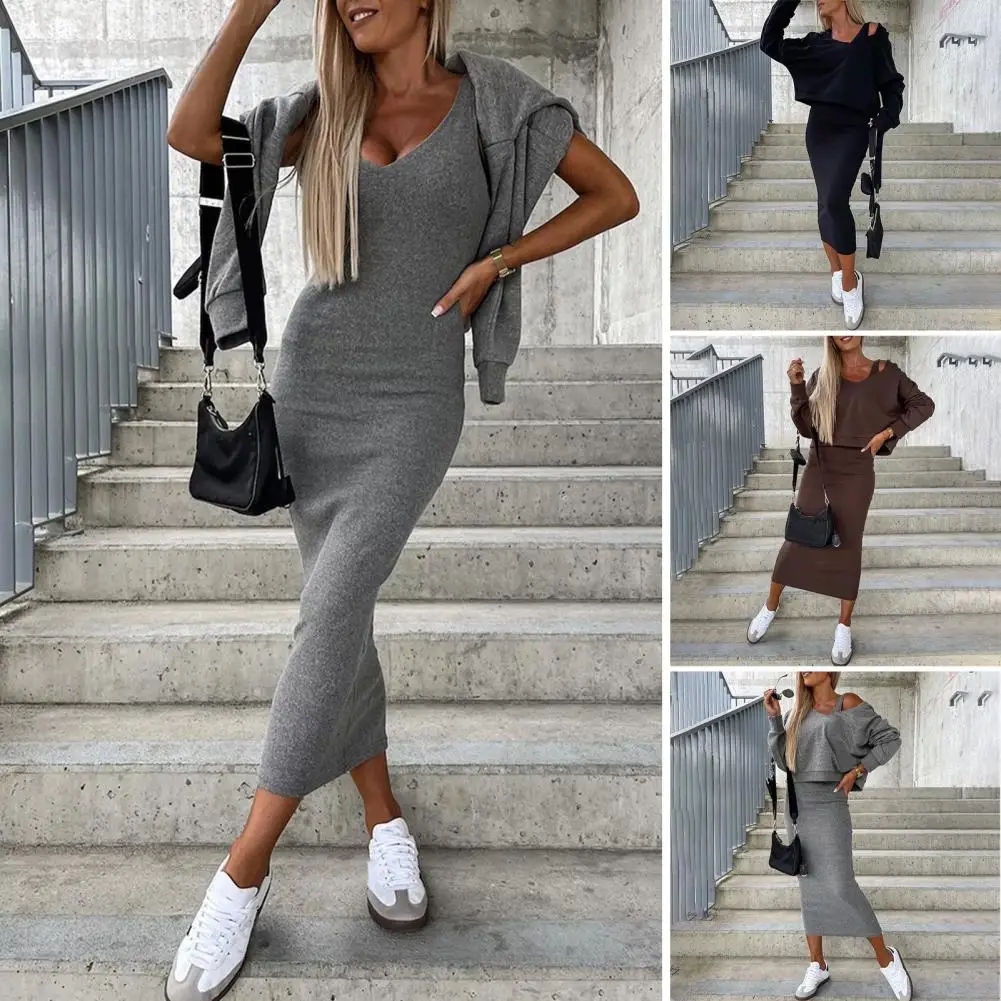 

Dress Hoodie Set Versatile Women's Autumn Winter 2-piece Set Bodycon Vest Dress with Hooded Long Sleeve Pullover Sweatshirt