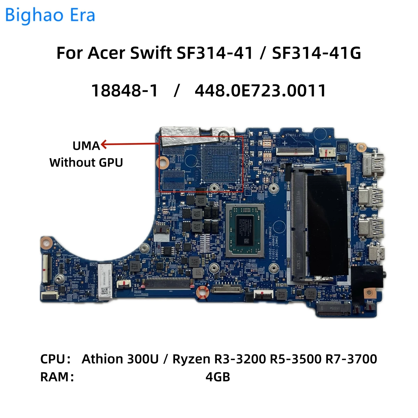 Placa-mãe para Laptop Acer 188481 Sf31441g Sf314-41 R33200 R5-3500 Cpu 4gb de Ram Uma 448.0e723.0011 Nbhey11003 Nbhey11002