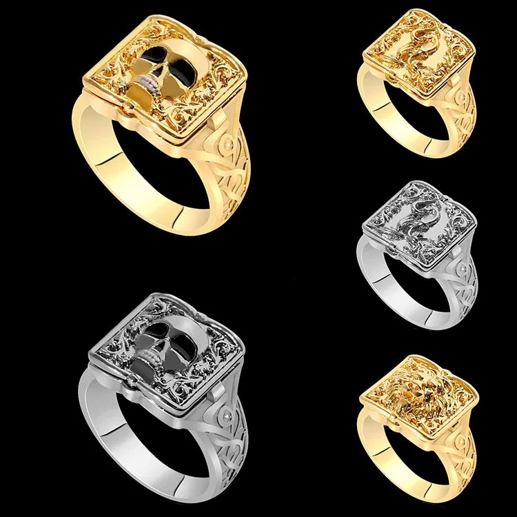 

European and American Gold Skull Cover Opening Ring Square Carving Pattern Copper Ring Fashion Dragon Lion Pattern Alloy Ring