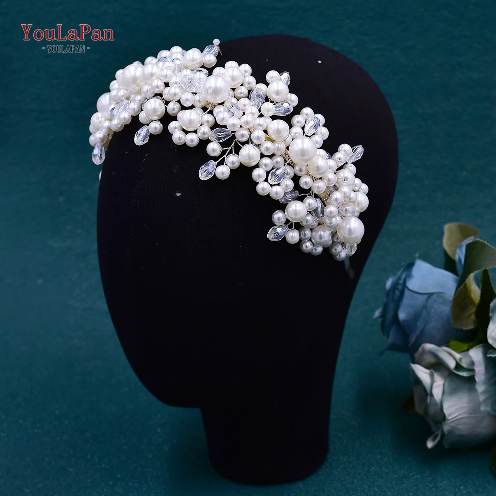 TOPQUEEN Bride Fashion White Faux Pearl Hair Hoop Wedding Crystal Headbands Bridal Headwear Hair Accessories For Party HP674