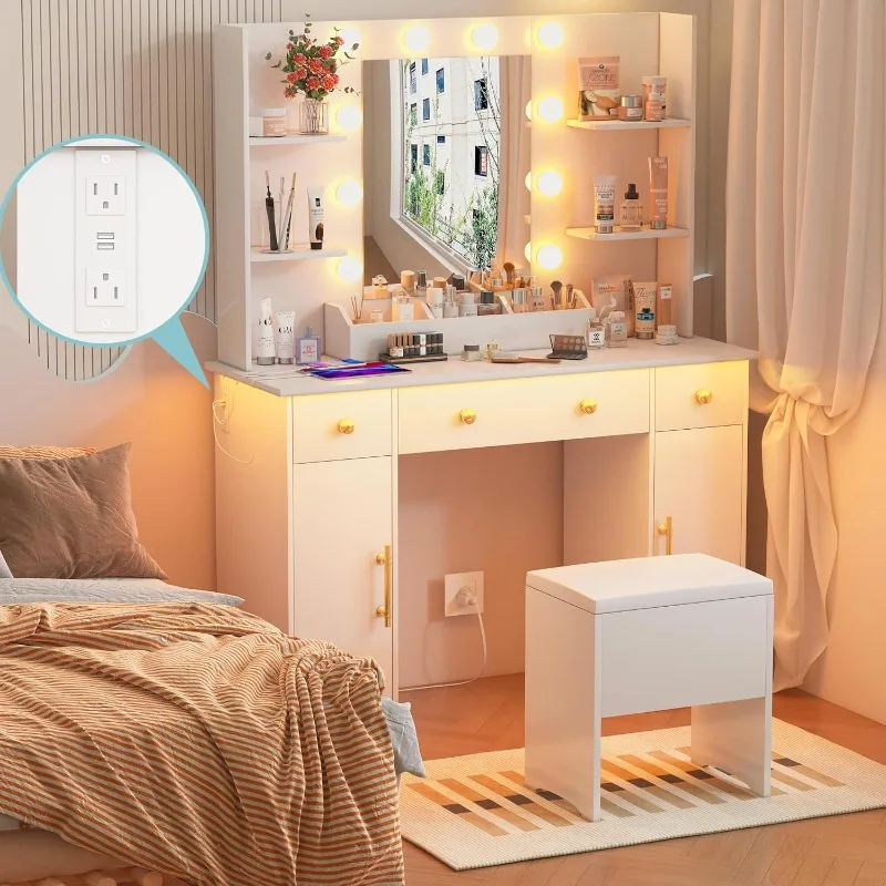 

Vanity Desk with Mirror and Lights,Makeup Vanity with Charging Station & Vanity Stool,3 Drawers and Cabinets White Mirror