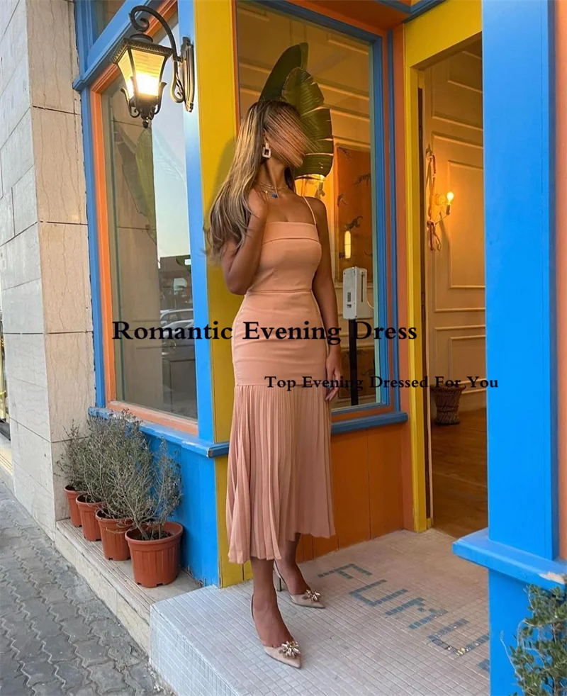 Romantic Evening Dress Spaghetti Strap Square Collar Tea Length Short Prom Gowns Saudi Arabia Vestido de festa Dress For Women