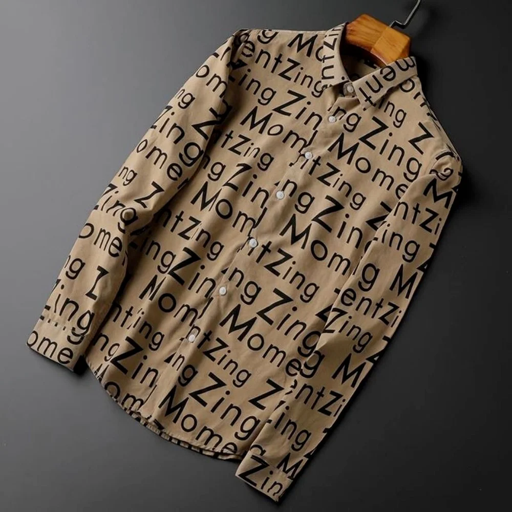 Men's Khaki Lapel Button Long-sleeved Shirt, Non-iron Korean Fashion Slim-fit Shirt, Printed Letters Casual Business Shirt