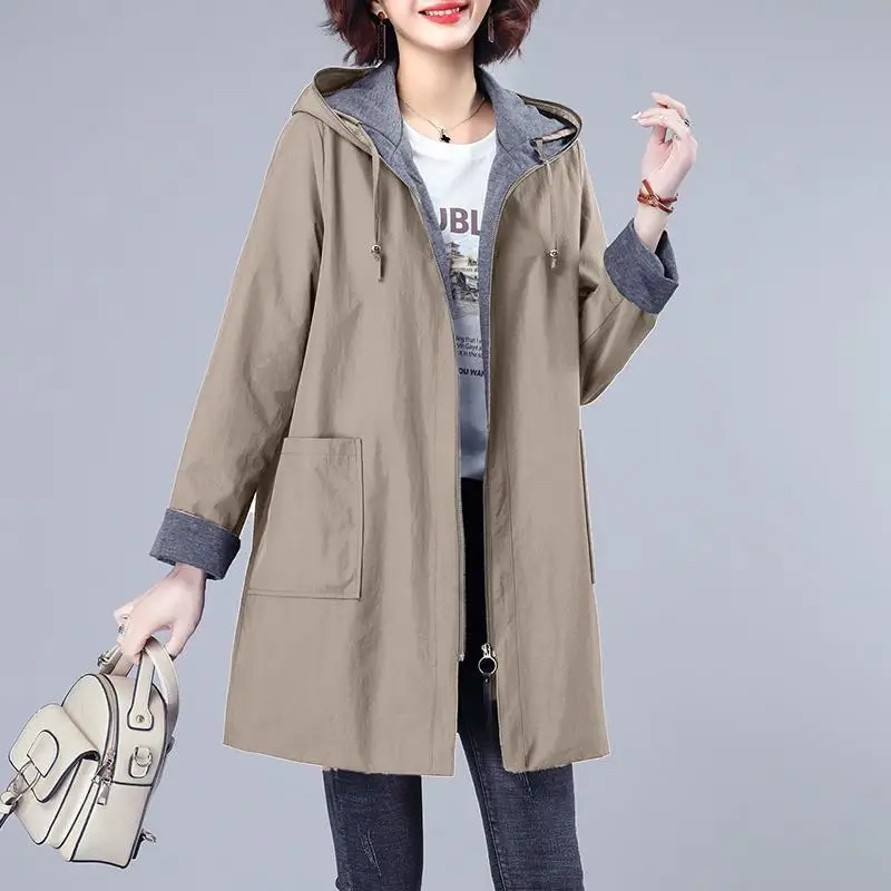 Autumn and Winter Women's Hooded Drawstring Pockets Zipper Midi Loose Solid Cardigan Fashion Casual Elegant Long Sleeve Tops
