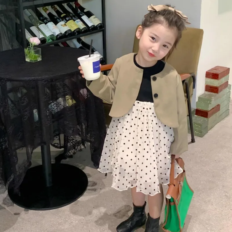 

Autumn Korean New Girls' Clothes Suit Long-Sleeved Polka Dot Mesh Dress+Bow Tie Coat Children Clothing Girls Fashion Kids Outfit