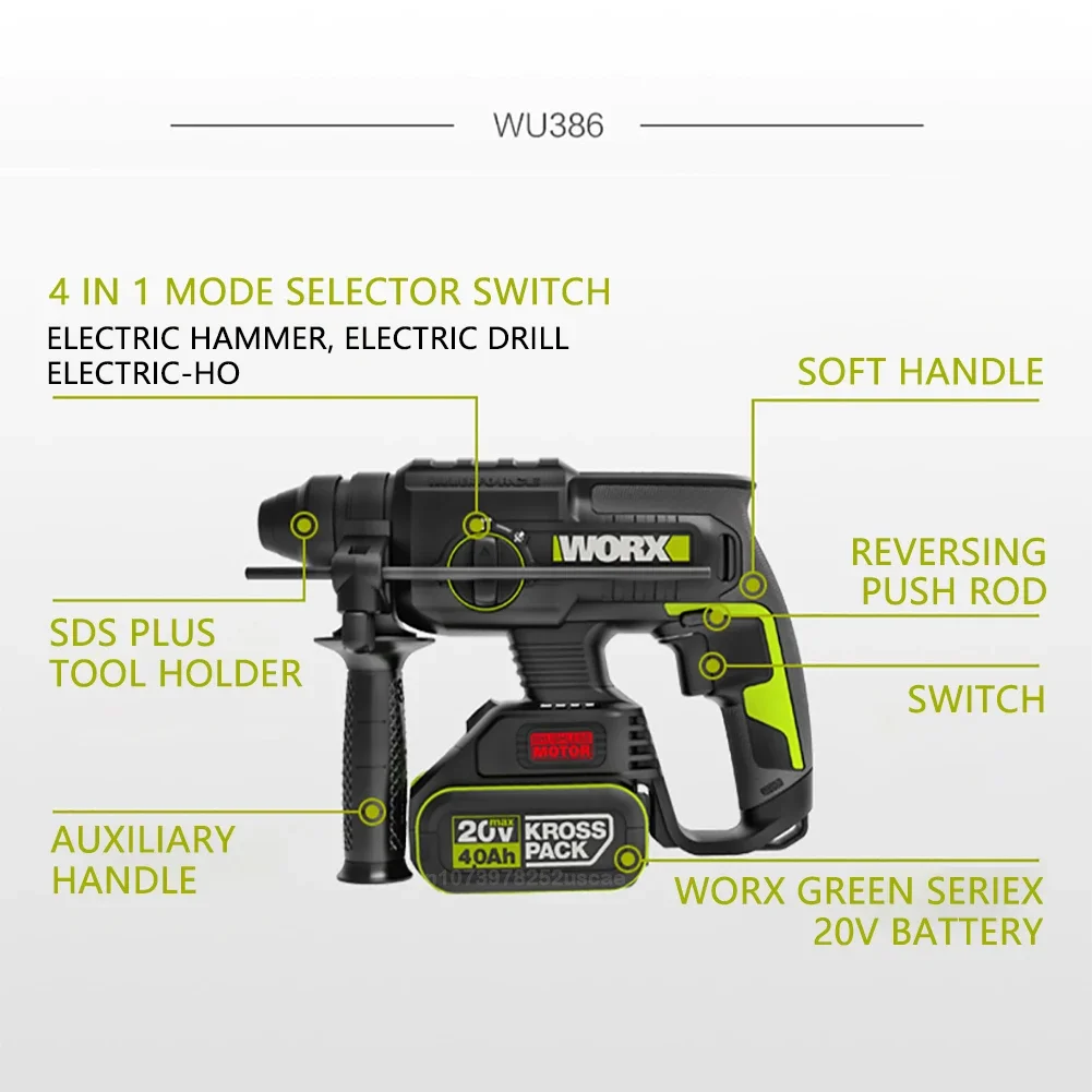 Worx Heavy Duty Cordless Rotary Hammer Brushless Motor WU386 20v 1350rpm Impact 2J 4700bpm PowerShare Green Battery Platform 4