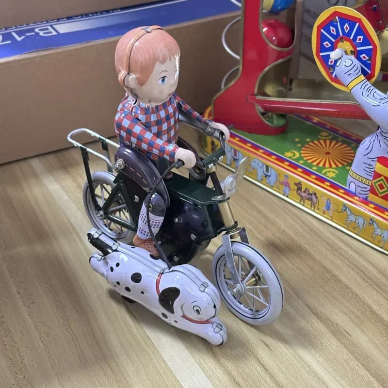 Little Hunter Riding Bike and Walking Dog Retro Nostalgic Collection Wind Up Toys Iron Crafts Ornament Clockwork Toys