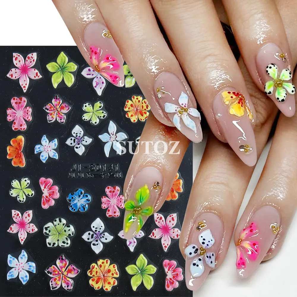 5D Gold Hawaiian Flower Nail Art Stickers Colorful Hibiscus Petal Decal Relief Lily Nail Sliders Charms Manicure Decors LEBJI-5D nail stickers nail art decoration nail decals flower stickers