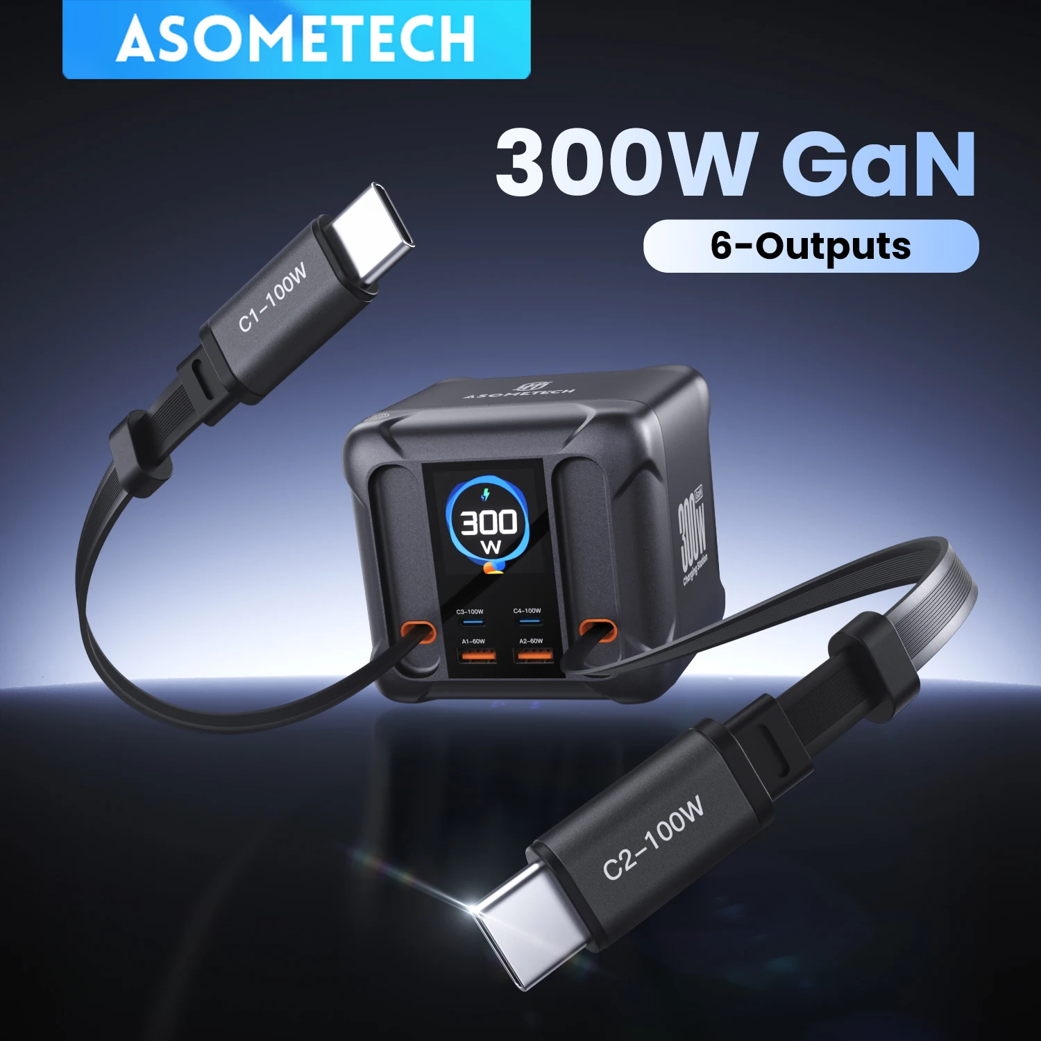 ASOMETECH 300W GaN USB Charger Station LED Display Retractable Type C Cable 100W 65W PD3.0 PPS Fast Charger For Macbook Samsung
