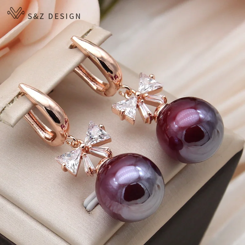 S&Z DESIGN New Fashion Cubic Zirconia Bowknot Wine Red Round Beads Dangle Earrings For Women Wedding 585 Rose Gold Color Jewelry