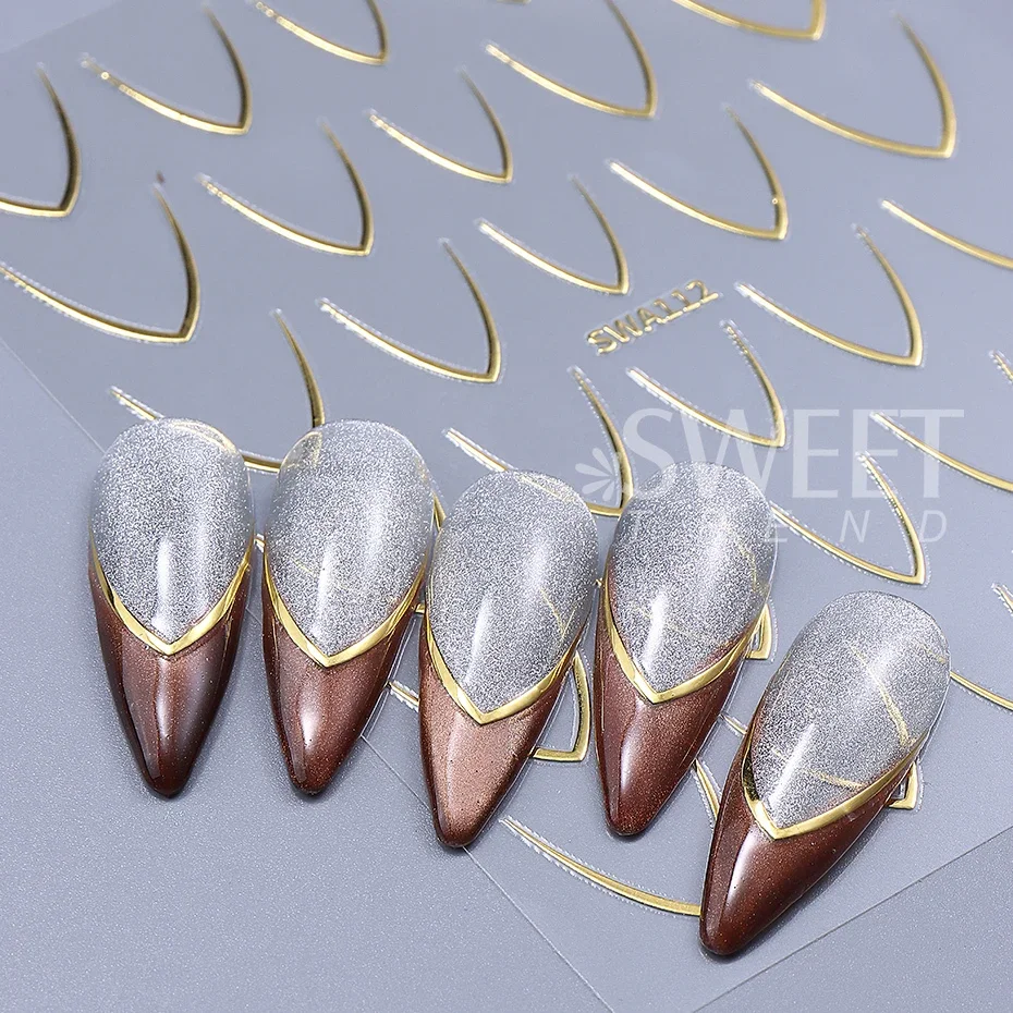 2pcs Gold Silver French Line Nail Stickers V-shaped French Simple Line Charm Foils Arc Design DIY Adhesive Decals Manicure Decor