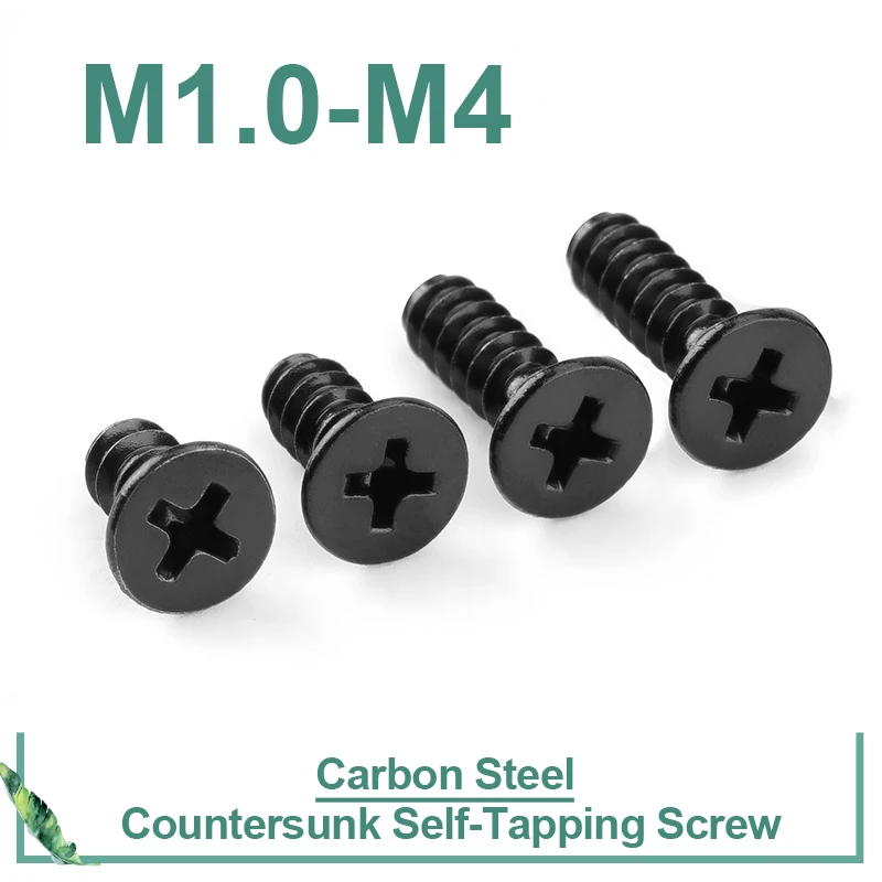 

100pcs Cross Recessed Countersunk Head Self-tapping Screw M1-M5 Black Carbon Steel Mini Screw Self-tapping Screws Carbon Steel