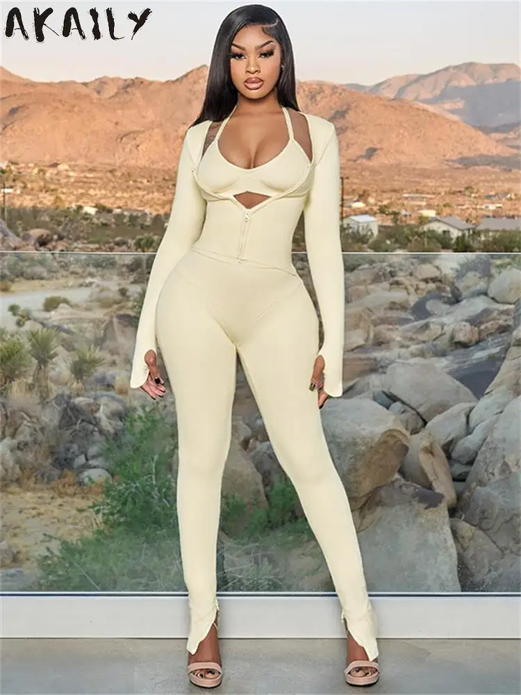 

Akaily сексуальный комплект из 2 предметов с длинным рукавом открытого октября брюки для отпуска наряды для женщин 2023 Осенняя облегающая черная одежда для активного отдыха брюки комплект