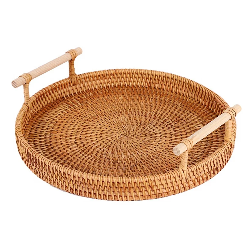 

4X Rattan Storage Tray, Round Basket With Handle, Rattan Tray Wicker Basket Bread Fruit Food Breakfast Display L