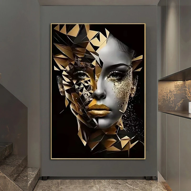 African Golden Woman Poster and Prints Modern Abstract Portrait Art Canvas Painting Wall Art Picture for Living Room Home Decor