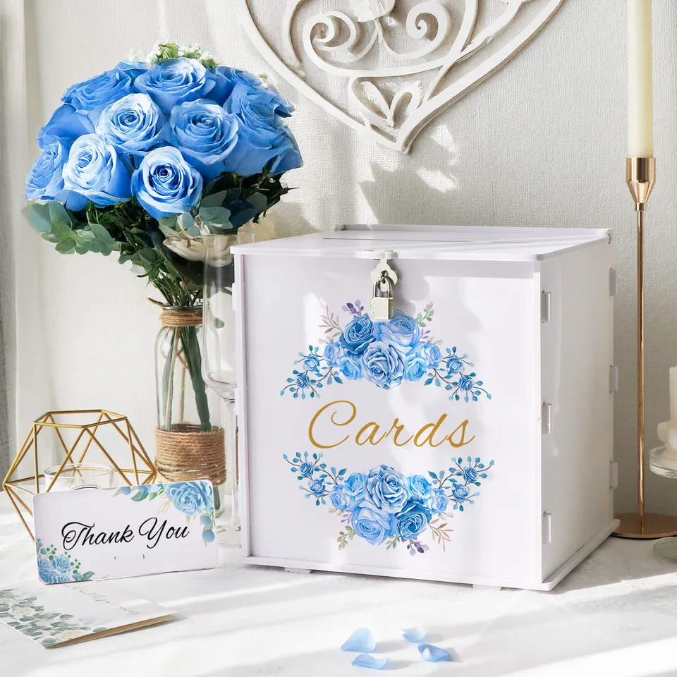 ホワイトブルーダブルフラワークラスターウェディングカードボックス