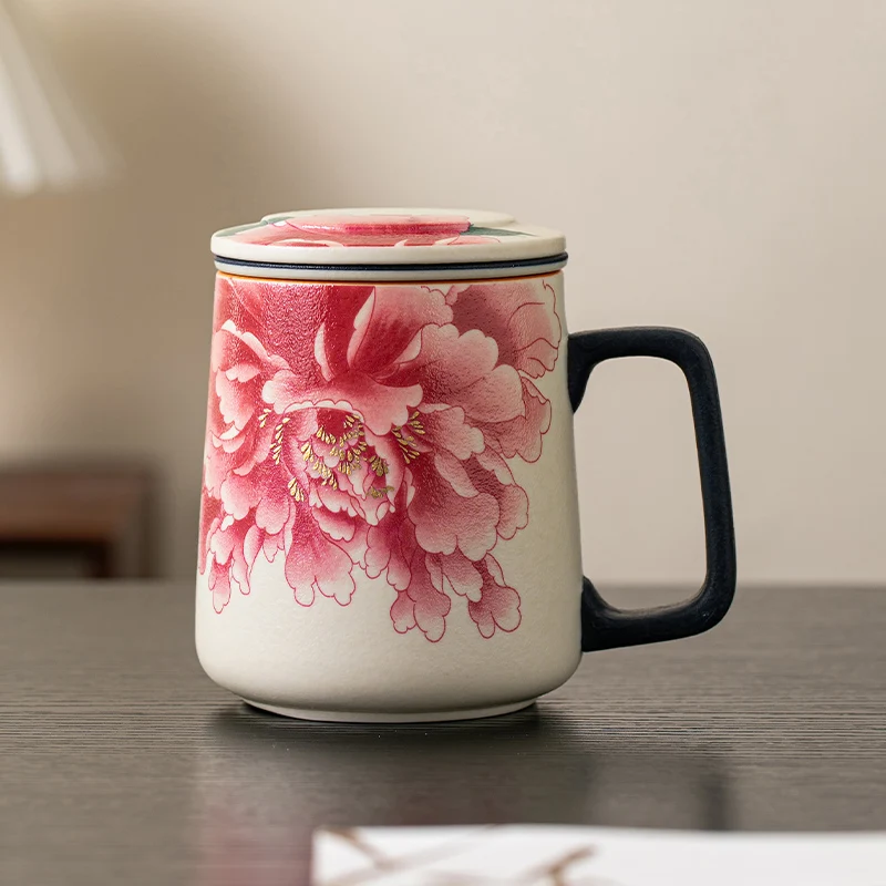 Chinese Style Ceramic Cartoon Floral Pattern Mug, Personal Creative Teacup, With Cover Filtered Tea Water Separation, 400ml, 1Pc