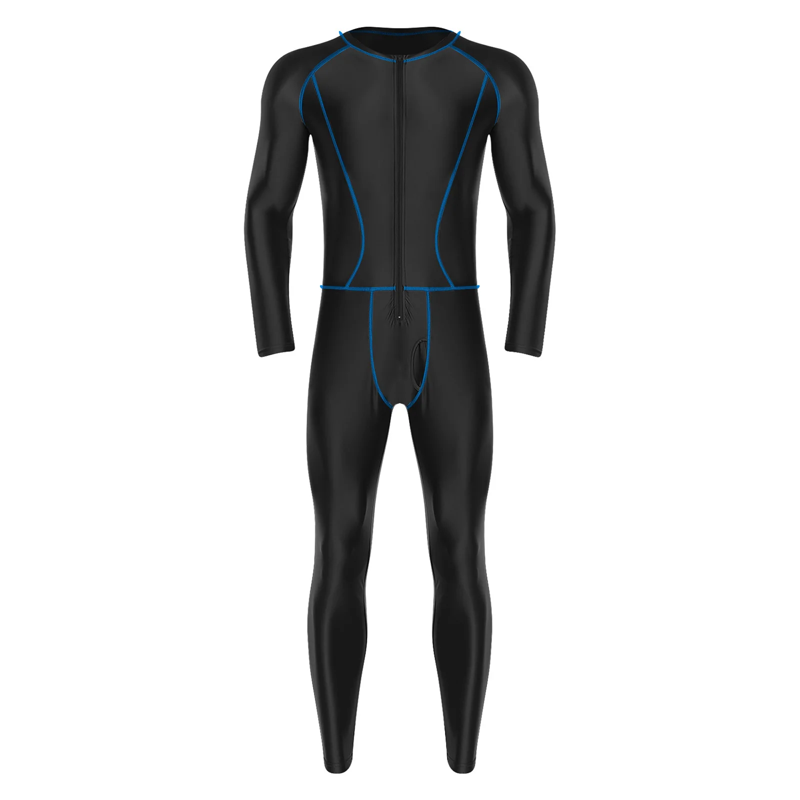 Herren-Erwachsene, ölglänzend, schmal, voller Overall, Badeanzug, äußere flache Nähte, Reißverschluss vorne, lange Hosen, Kompressionsspielanzug, Bodysuit, Badebekleidung – Detail 21