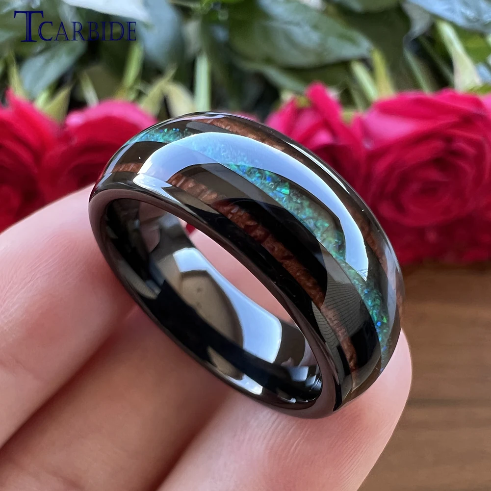 8MM Men Women Black Tungsten Wedding Band Nice Wood Opal Ring Domed Grooved Polished Finish Comfort Fit