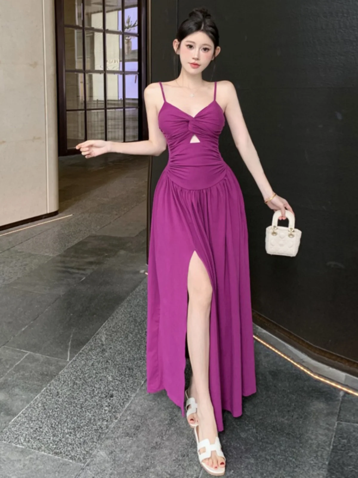 

Модное однотонное платье Harajpoo в стиле острых девушек с V-образным вырезом и вырезами, фиолетовое платье на бретелях, летнее сексуальное облегающее длинное платье с разрезом