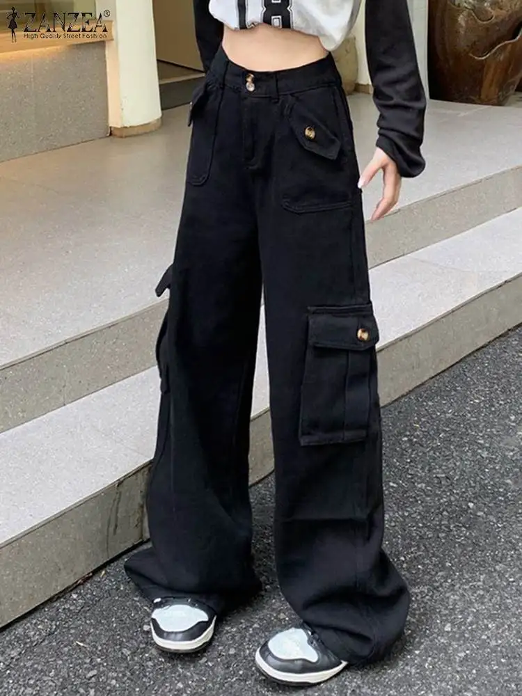 

Vintage Cargo Pants ZANZEA Women Casual Loose Jogger Trousers Solid Long Pantalon Y2k Style Fashion Wide Leg Pant Streetwear