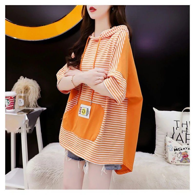 

Casual Striped Spliced Loose Hooded T-shirt Women's Clothing Summer Half Sleeve Fashion Korean Midi Cartoon Printing Sweatshirts