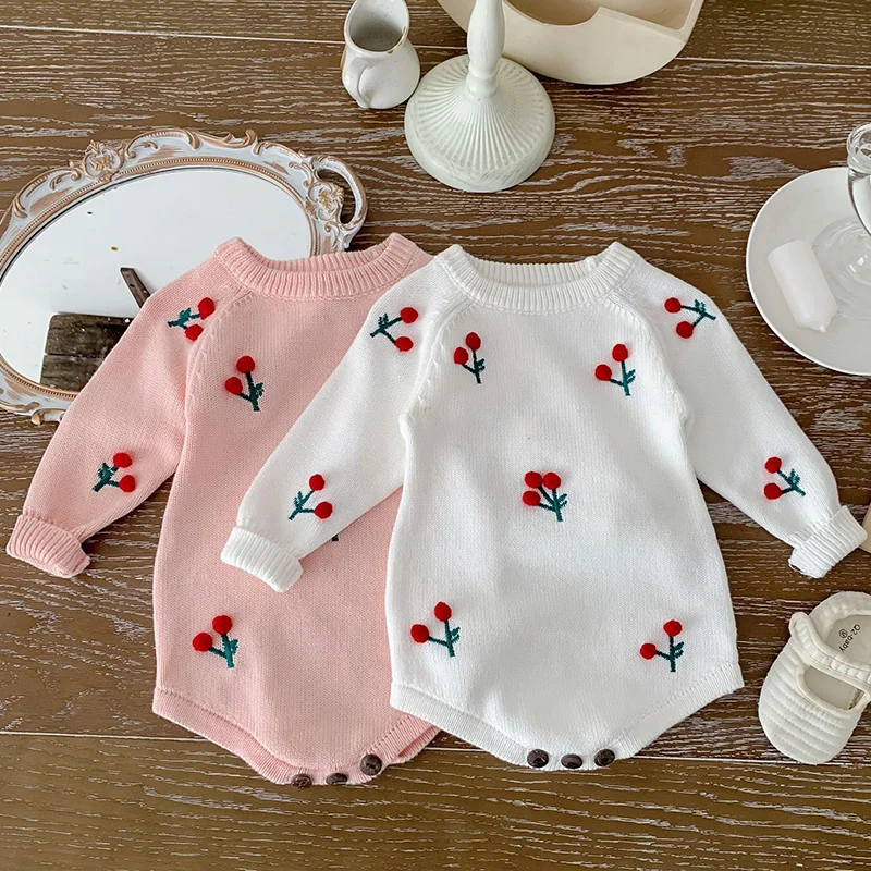 

Baby knit Rompers Long Sleeve Wool Knitted Cherry Rompers Baby Girl Princess Triangle Jumpsuit Toddler Autumn Winter Clothing