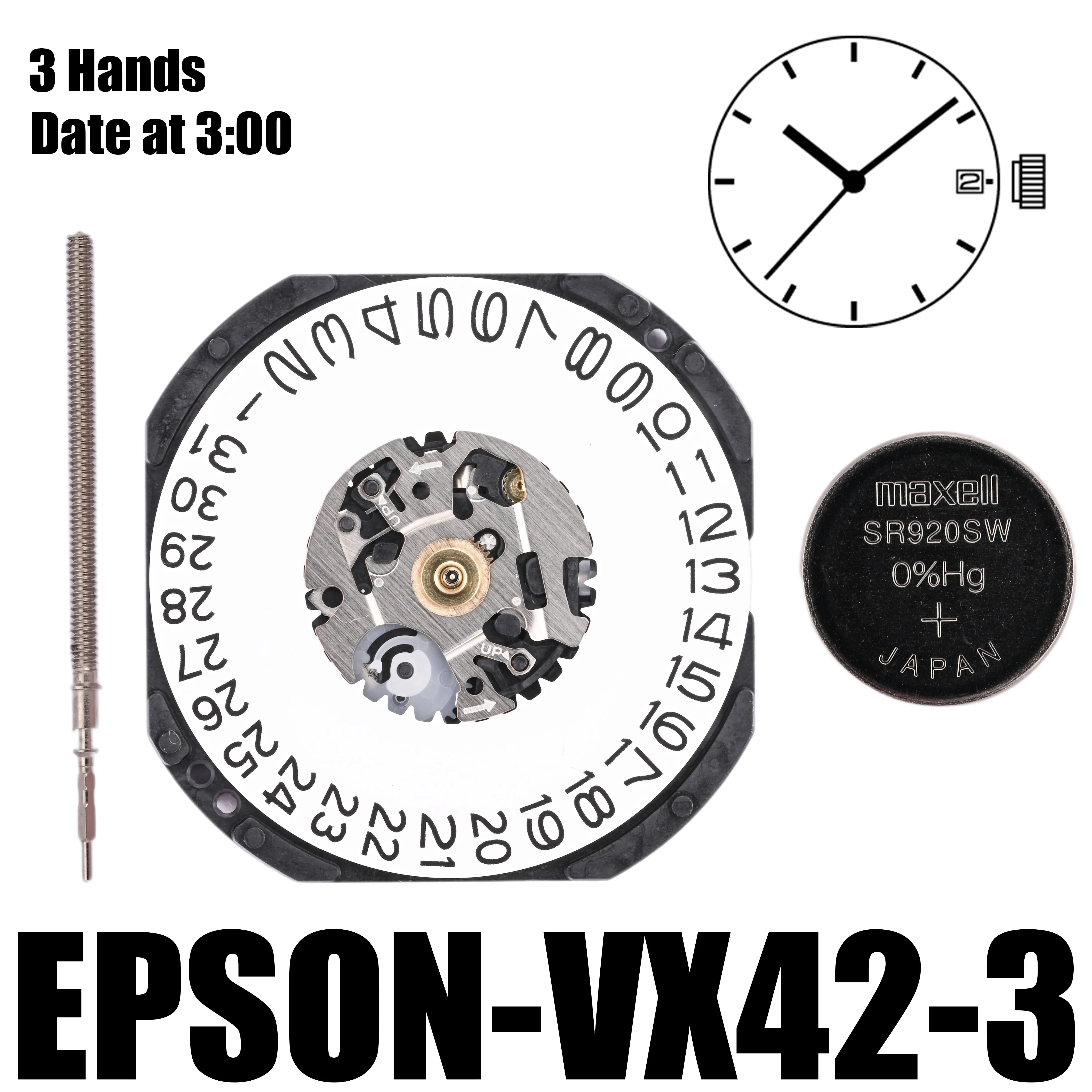 

VX42 Movement Epson VX42E Movement 3 Hands Date at 3:00/6:00 Size : 11 1/2''' Height: 2.62mm Battery Life: 3 years