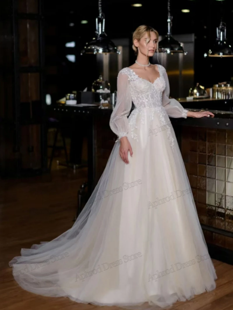Vintage Wedding Dresses A-Line Tulle Tiered Bridal Gowns Lace Appliques Long Puff Sleeves Robes Vestidos De Novia Customized 4