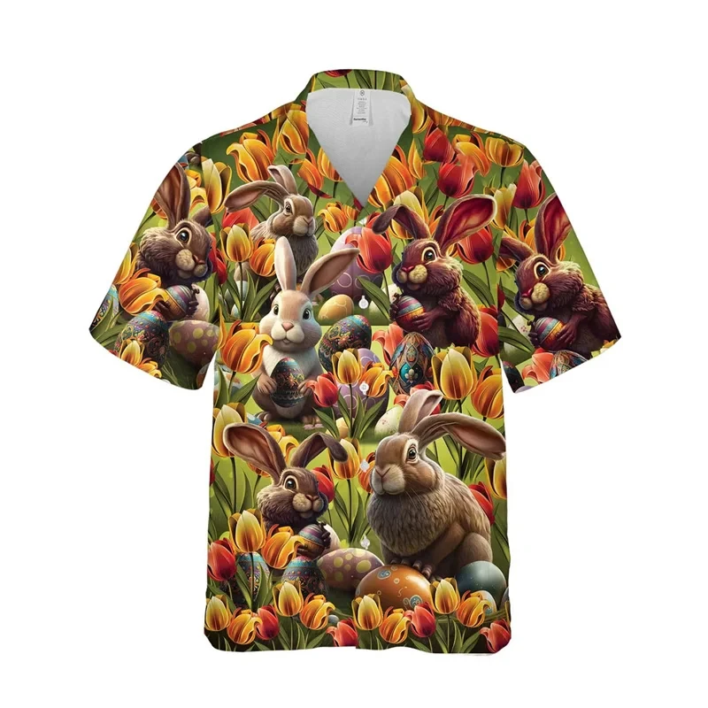 thumbnail image 1 of Camisas de feliz día de Pascua para hombres, camisa hawaiana informal con estampado 3D de huevo, blusas con botones de conejo de dibujos animados, 1 of 5