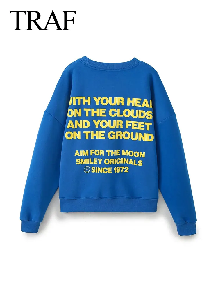 TRAF 2024 Spring New Women's Sports Pullover Round Neck Loose Long Sleeves Letter Print Blue Woman Sweatshirt Wild Streetwear 3
