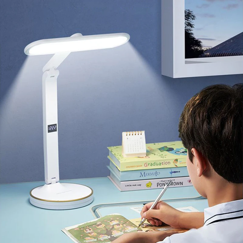 LED 시계 테이블 램프, USB 충전식 조도 조절 데스크 램프, 플러그인 LED 라이트, 접이식 눈 보호 독서 야간 조명
