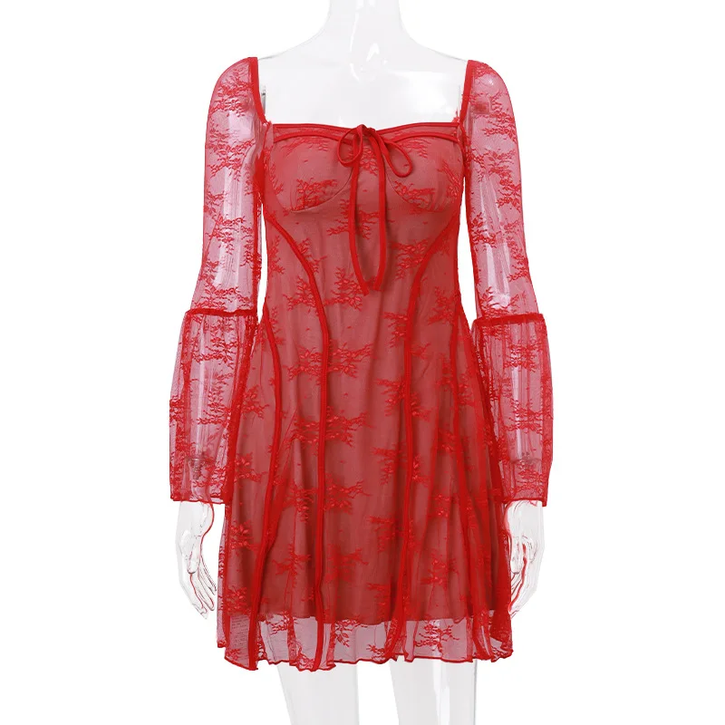 European and American women's new flared sleeve ballet style sexy and pure desire lace wrapped chest print long sleeved dress