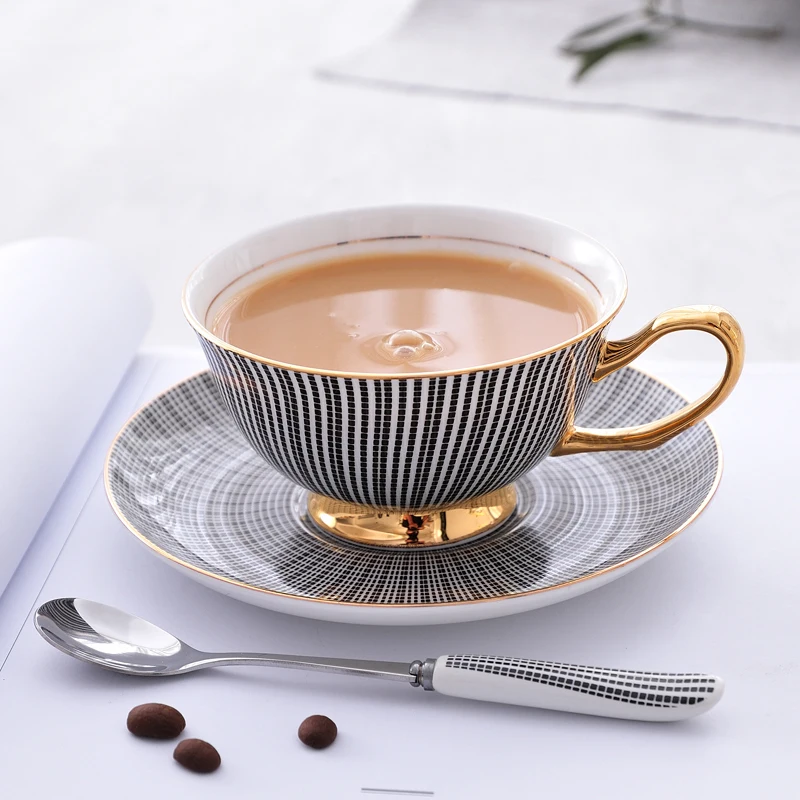 

Bone China Tea Cup Saucer Spoon Set 200ml Elegant Gray Coffee Cup Gold Porcelain Tea Set Ceramic Teacup Cafe Espresso Cup