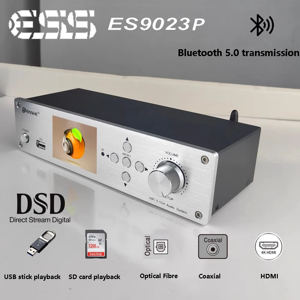 5.1 Channel Lossless Audio Decoder ES9023P DAC DSD256 DTS AC3 HIFI Music Turntable Bluetooth 5.0 HDMI Input Decoding audio streamer receiver,digital audio player