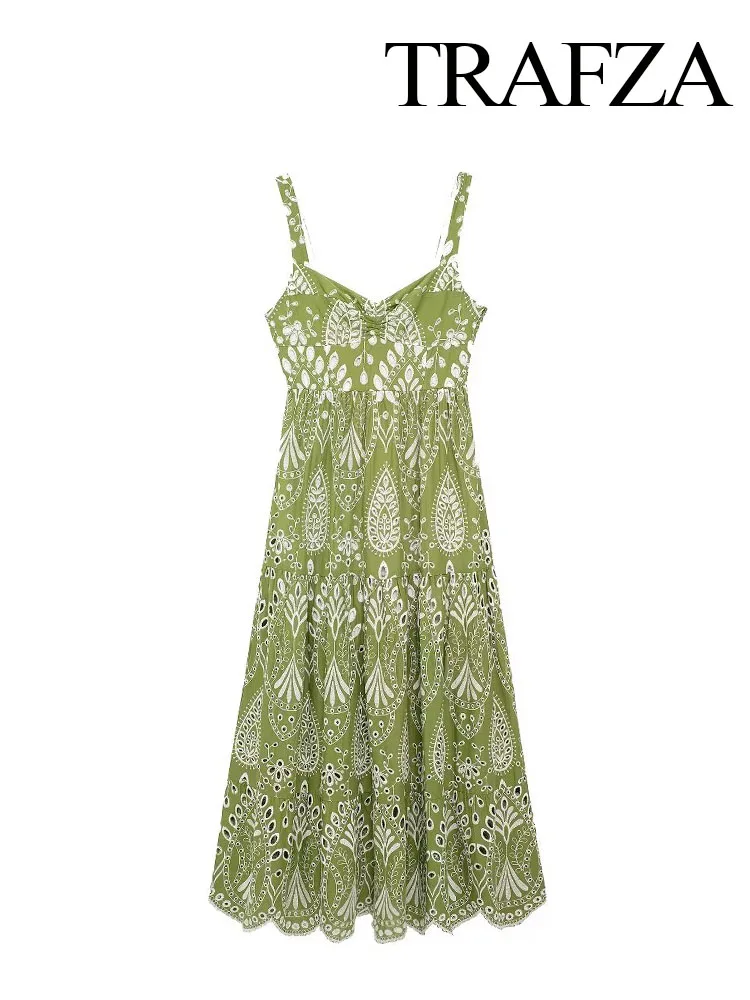 

TRAFZA Women Summer Fashion Long Dress Green V-Neck Sleeveless Hollow Out Embroidery Decorate Zipper Female Casual Dresses TRAF