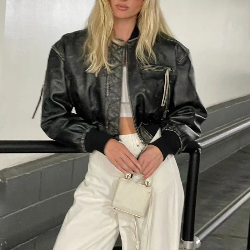 

Women' Make Old Washed Cowhide Sports Jacket Fashion Casual Long Sleeve Stand Collar Cotton Coat New Street Wear Early Autumn 23