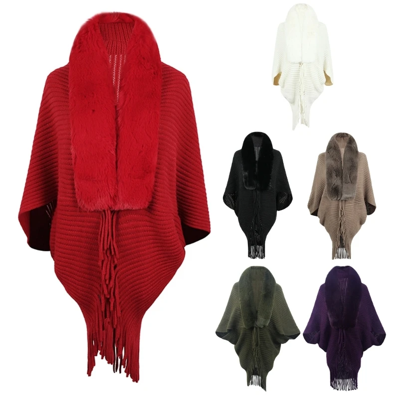 

Women's Faux Furs Collar Cardigan Sweater Elegant Long Sleeve Knit Cape Tassels Shawl Open Front Outerwear Cloak P8DB