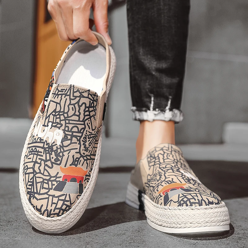 

Fisherman's shoes Black Printed Summer Slip-on Men's Canvas Shoes Breathable Platform Flat Shoes for Men Comfort Loafers Casual