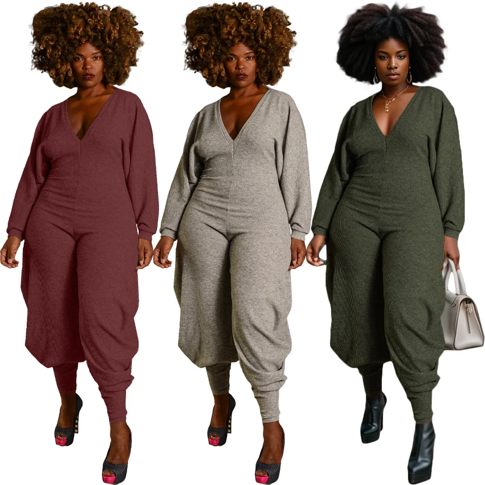 

New Style Women Casual Jumpsuit Hot-selling Lady Pants Rompers for Sport Solid V Neck Long Sleeves Loose Leisure Bodysuit