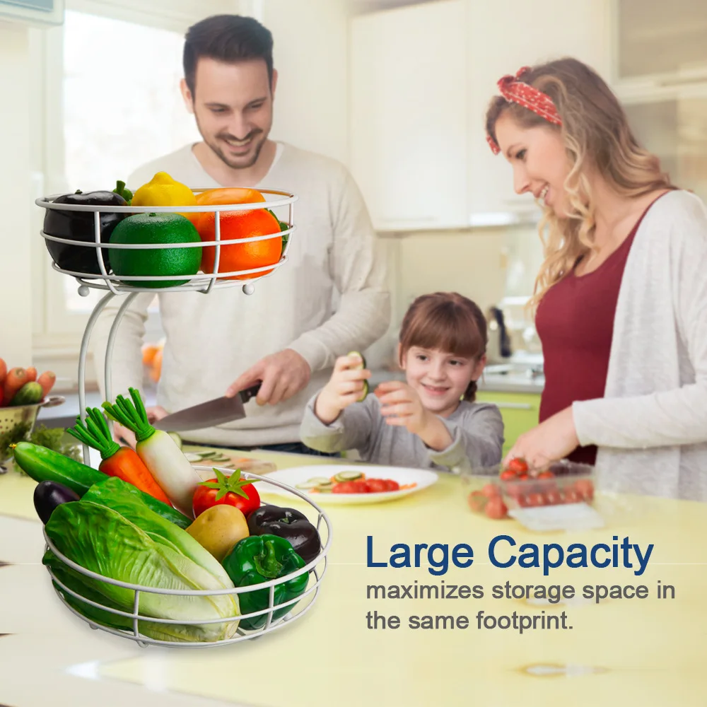 2-Tier Fruit Basket, Metal Fruit Bowl, Bread Baskets, Fruit Holder, Large Fruit Stand Organizer With Banana Hanger, Black 4
